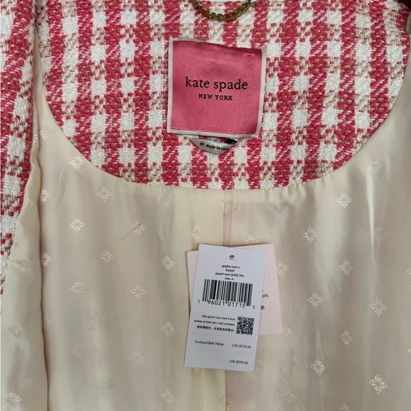 Never worn! Kate Spade pink gingham tweed coat